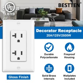 BESTTEN 10 Pack 20 Amp Decor Receptacle Outlet, Standard Electrical Wall Outlet with Wallplate, 20A/125V/2500W, Non-Tamper-Resistant, UL Listed, White