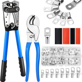 Battery Cable Crimper Tool for AWG 10-1/0 Terminals and Cable Ends, with Cable Cutter 80pcs Ring Terminals and 100pcs Heat Shrink Tubing, 10/8 / 6/4/ 2/0 Gauge Wire Crimper