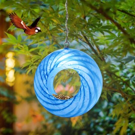 Bird Feeder Fly Through Bird Feeders for Outside Hanging with Round Shape Glass Container Solar Wild Birds Feeder for Garden Decor, 8-Inch (Cyan)