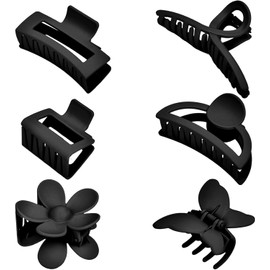 6 Pack Matte Non-Slip Hair Accessories - Claw Clips in Black for Thin and Thick Hair, Ranging from 1.85-4.5 Inches, Featuring Flower, Banana, and Butterfly Designs for Women and Girls (Black, One size)