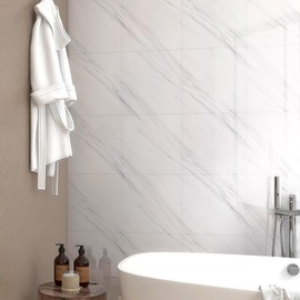 Chejiaye Peel and Stick Marble Wall Panels 11.8"x11.8"- Waterproof Self-Adhesive for Interior Wall Decor,PVC Foam Backsplash Tile for Kitchen (Not Real Tile) (White, 11.8"x11.8"x0.08"in-Thin)