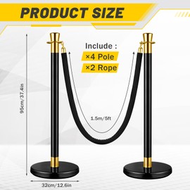 Wesiti 4 Pcs Stainless Steel Stanchions Post with 2 Pcs 5 ft Black Velvet Rope, Red Carpet Ropes and Poles Black Crowd Control Barrier Ball Top Stanchions Sand Injection Hollow Base and Velvet Ropes