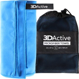 3DActive Microfibre Towel for Gym, Sports and Travel. Ultra Absorbent, Quick Drying, Lightweight, Compact with Carry Bag, Perfect for Workouts, Beach and Outdoors (Large (60x120cm), Blue)