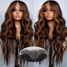 Seykiki Synthetic 13x4 HD Lace Front Wigs for Black Women Highlight Brown Mix Black Natural Wavy 26 Inch Glueless Wig Ready to Wear Pre Plucked Middle Part Wig