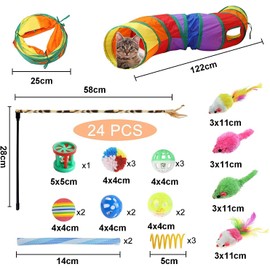 Funny toy Túnel para Gatos de 24 Piezas, Juego Interactivo Plegable para Gatos de Interior, Túnel, Pelota,Cuentas, Cascabeles, Plumas