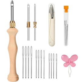 Yuiturt Punch Needle Set, Adjustable Punch Needle Embroidery Kit with Wooden Tool, Adjustable Wooden Needle Punch, Punch Stitching Kit for Beginners for DIY Craft and Rug Hooking Leather Sewing