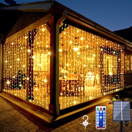 Whywhife Upgraded Solar Curtain Lights Outdoor Garden Fairy String Lights 300 LED 8 Modes Remote Control Waterproof Solar Waterfall Lights for Gazebo Patio Party Festival Wedding Christmas Decorations(Warm)