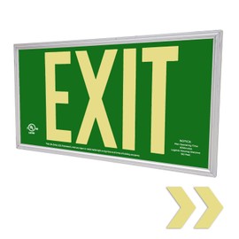 LFI Lights | Aluminium Photoluminescent Green Exit Sign | 50' Viewing Distance | Aluminum Frame | Ceiling or Side Mount | Double Sided | Optional Adhesive Arrows | UL Listed | PA2-G-50-DS