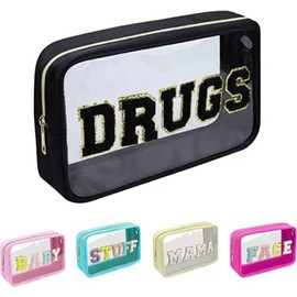 Bolsa de maquillaje grande de chenilla transparente con letras para viajes, playa, parche transparente con purpurina, bolsa de artículos de tocador tr