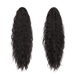 FESHFEN Claw Clip Ponytail Extensions, Long Pony Tail Hair Piece Wavy Curly Synthetic Hairpieces for Women, Natural Black 30 inch