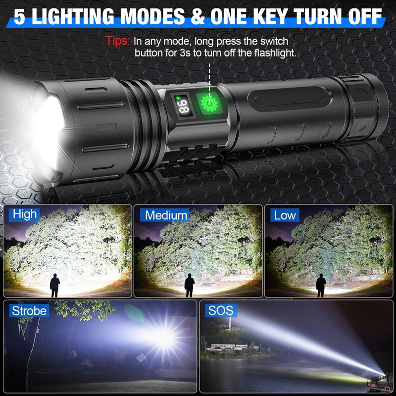 LED Flashlights High Lumens Rechargeable, Super Bright Powerful Flashlight, Type-C,