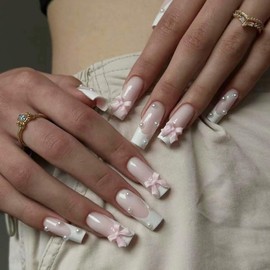 24pcs Long Coffin Press-On Nails - Elegant Pink Ballerina French Tip With Bow Design | Stick-On False Nails For Women | Perfect For Daily Wear & Party | Easy Application