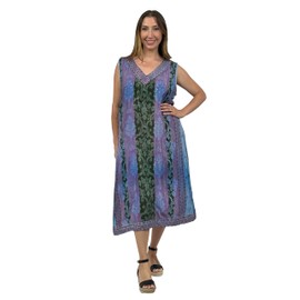 LA CERA Women's Embroidered V-Neck Sleeveless Cotton Dress, Floral Print & Embroidered Neckline, Midcalf Length, Summer Dress