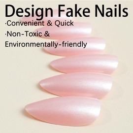 LRKNNO Almond Press on Nails Medium Pink Fake Nails with Designs Glossy Chrome Glue on Nails French Almond Shaped False Nails Reusable Artificial Acrylic Nails for Women Girls Manicure 24pcs