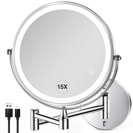 GREENFROM Wall Mounted Lighted Makeup Mirror: 8.5 Inch Double Sided Makeup Mirror with 1X/15X Magnification for Vanity, Bathroom, and Shaving - Chrome