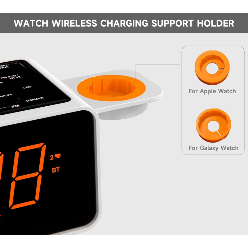 Dual Wireless Charging Alarm Clock Radio with Bluetooth Speaker, FM