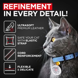Blue 6" - 8" Leather Cat Collar with Bell & Elastic Strap - Pet Collar Leather - Leather Kitten Collar - Cats Small and Big Cat Collar for Boy Cats, Girl Cats with Safety Elastic Strap