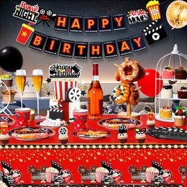 Movie Night Birthday Party Decorations, Movie Night Party Decorations and Tableware - Movie Night Plates Tablecloth Napkins Balloons Banner Backdrop etc Movie Night Decorations