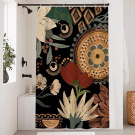 Uiiooazy Shower Curtain, Boho Style, Shower Curtain, Abstract Flowers, Vintage Green Leaves, Slim Shower Curtain, Anti-Mould, Waterproof Polyester Fabric, Washable, Opaque Bathroom Curtain with Hooks,