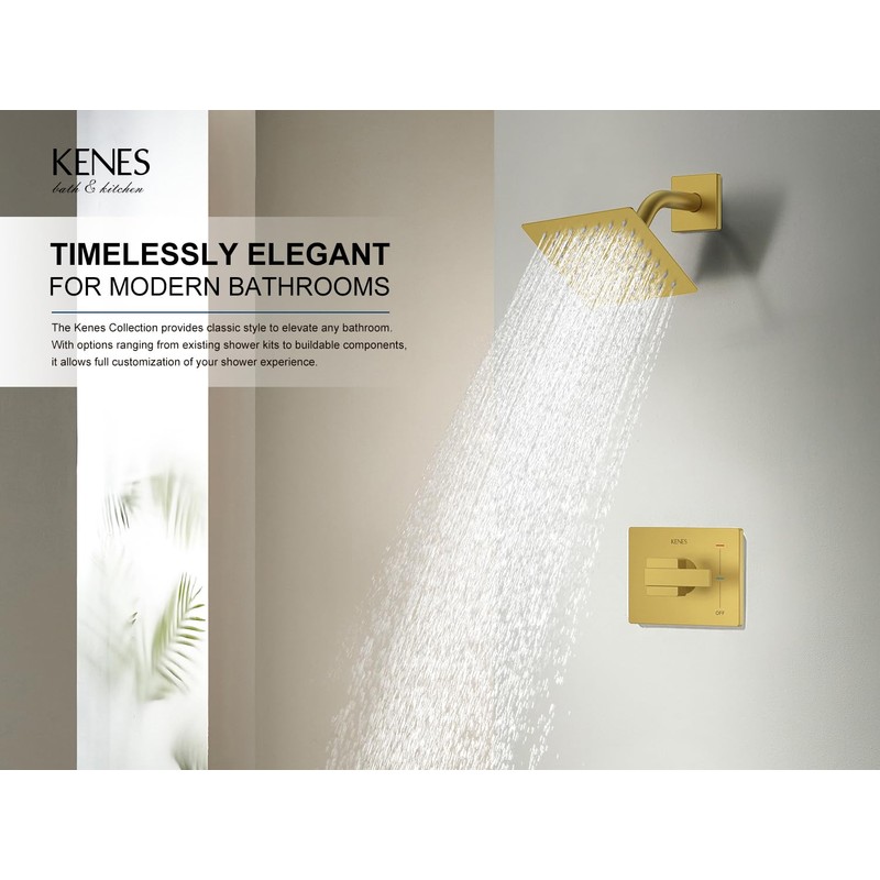 KENES Modern Brushed Gold Shower Faucet, Square Shower Trim Kit
