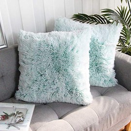 Uhomy 2 Packs Home Decorative Luxury Series Super Soft Faux Fur Throw Pillow Cover Cushion Case for Sofa or Bed Green Ombre 18x18 Inch 45x45 cm