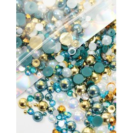Rhinova 70g Mix Pearls and Rhinestones for Crafting, Sizes Range 3mm-10mm Pearl Beads for Bedazzler Rhinestones for Bedazzling Pearls for Crafting Sock Charms Nail Shoe Mugs (Oceanic Treasure Mix)