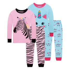 Dolphin&Fish Girls Pajamas 100% Cotton Girls Unicorn Zebra Pajamas 4Pieces Toddler Pjs Set Kids Sleepwear 4T Pink Blue