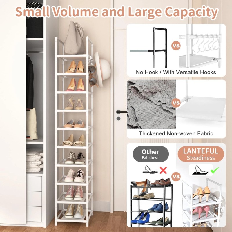 Lanteful Tall Narrow Shoe Rack 10-Tier Skinny Shoe Shelf Storage