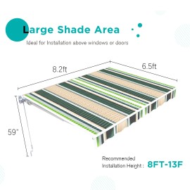AECOJOY 8.2'X6.5' Manual Retractable Awning Sun Shade Patio Canopy Cover Multi-Color - 8.2 x 6.5 Feet-Mixed Beige Green Stripes