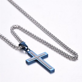 U7 Simple Ion-plating Blue Cross Necklace 22" Stainless Steel Twisted Rope Chain Christian Pendant for Men