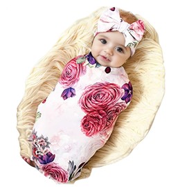 Galabloomer Newborn Receiving Blanket Headband Set Baby Flower Rose Swaddle with Big Bow (Nostalgia Rose)…