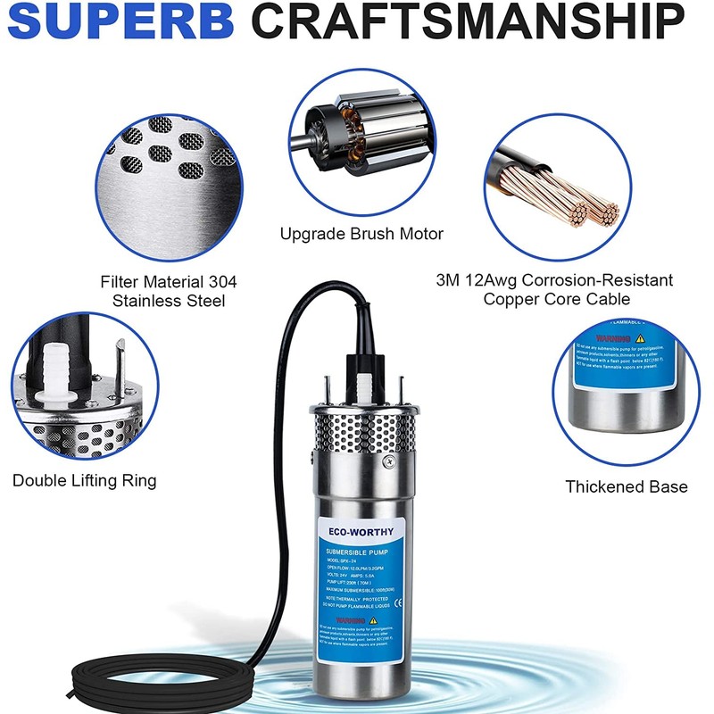 ECO-WORTHY 24V Well Pump 3.2GPM 4" Stainless Steel, Max Lift