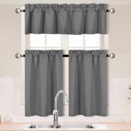 Better Home Style 3 Piece Solid Color 100% Blackout Kitchen Window Curtain Set with Tiers and Valance Solid Energy Efficient Thermal Room Darkening Drape Window Treatment # MKC (Charcoal)