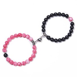 Fuqimanman2020 2PCS Couple bracelet Frosted White Turquoise Heart Phase Crystal Bracelet Natural Stone for Men Women-pink black