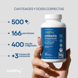 Wellthy Citrato de Magnesio Premium 500 Cápsulas 400mg. 100% Natural, Vcaps Cápsulas Veganas, 166 Días de Consumo