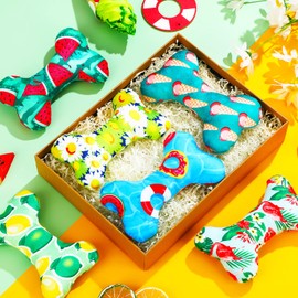 Suilung 6 Pcs Summer Dog Toys Summer Flower Fruit Fun Cute Soft Cotton Filled Interactive Teething Chew Bone Squeaky Plush Toys for Small Medium Dog Fun and Teeth Cleaning