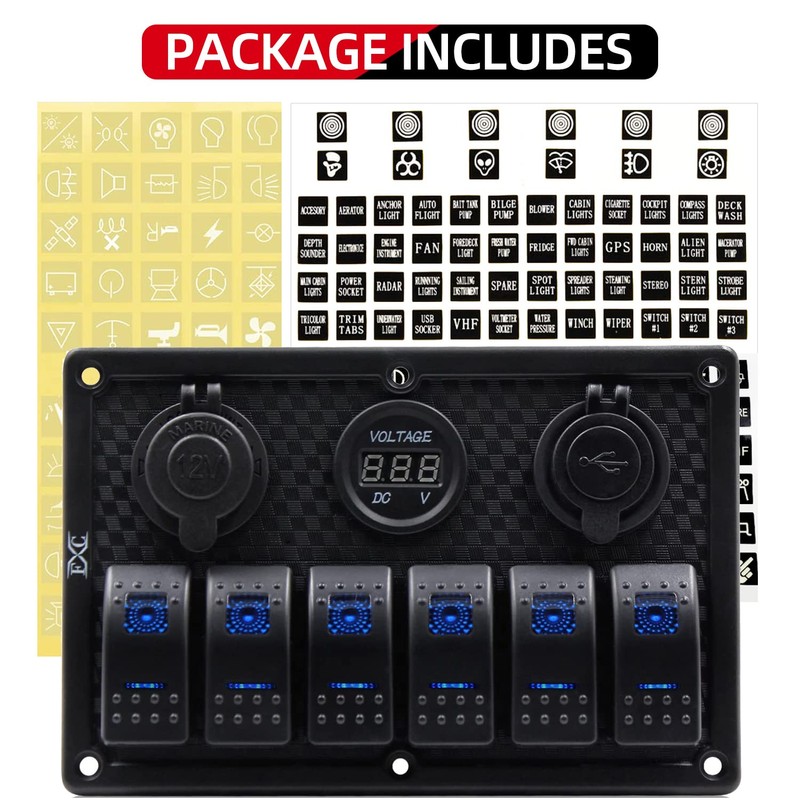 FXC Waterproof Marine Boat Rocker Switch Panel 6 Gang with