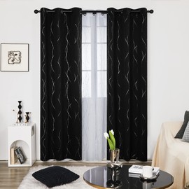 Deconovo Black Out Curtains for Living Room, 42 x 84 Inch Length 2 Panels Set, Thermal Insulated Soundproof Window Drapes with Silver Print, Grommet Machine Washable Panels for Bedroom Sliding Door