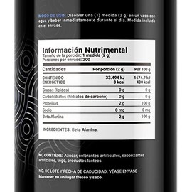 Beta Alanina en polvo 200 Servicios. Ingredientes naturales. Beta Alanine 400 Gramos B Life.