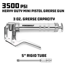 Powerbuilt Mini Pistola de engrase con Tubo de extensión de 6 Pulgadas Que se Fija a 0 o 90 Grados, válvula de Purga de Aire con botón; Utiliza Cartuchos estándar de 3 onzas - 648755
