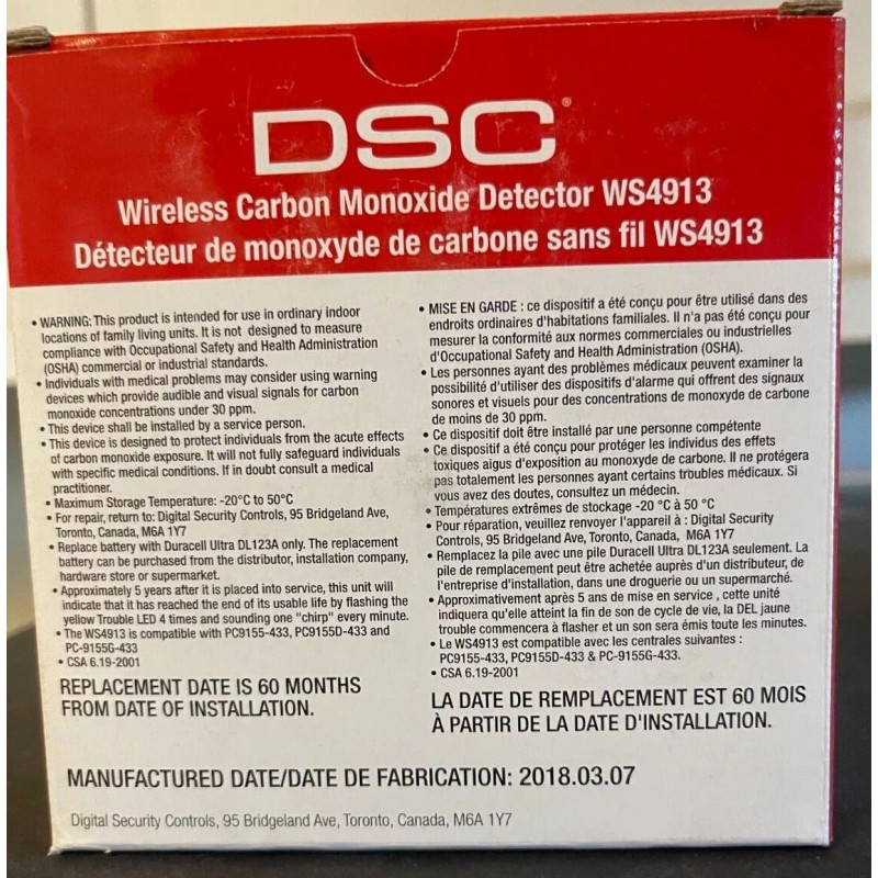 DSC Brand New DSC WS4913 Wireless CO Detector, US region