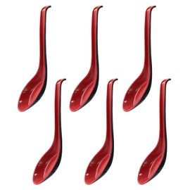 Cjueiom 6Pcs Rice Spoons, Chinese Soup Spoons with Hook for Ramen, Wonton & Noodle Dishes, Asian Plain Style, Black and Red