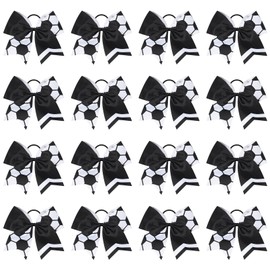 16PCS Soccer Bows for Girls 8'' Large Cheer Hair Bows with Elastic Band Soccer Hair Bows for Teen Girls Cheerleading Ponytail Holder for Football Game, White Black
