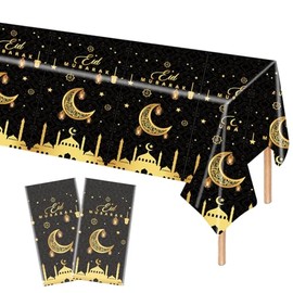 Pack of 2 Eid Mubarak Tablecloth, Plastic Rectangular Eid Ramadan Tablecloths for Eid Party Accessories, Waterproof Tablecloth for Indoor and Outdoor Dining Table (Black Gold)