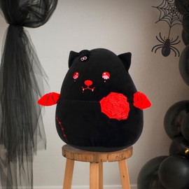 Mushymallow 12” Black Cat Plush Pillow Cute Vampire Kitty with Rose Plush Toy Soft Black Kitten Stuffed Animal Gifts for Kids Girls