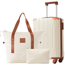 TREATLIFE HOME Expansive Hardshell Luggage Set with TSA Lock, 3 Piece Travel Suitcase with Wheels, 20-inch Carry-On, Brown and White