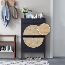 Yechen Shoe Rack Storage Organizer with 2 Natural Semi-Circular Rattan Doors, Entryway Wooden Shoe Cabinet for Sneakers, Leather Shoes,Heels (2 Piece, Black)