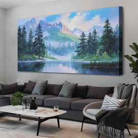 Acocifi Large Canvas Wall Art Lake Landscape Bedroom Painting Panoramic Tree and Mountain Picture, Nature Scenery Textured Artwork Framed for Living Room Bathroom Kitchen Office Home Decor 40"x20"