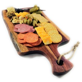 Acacia Charcuterie Board with Natural Live Edge & Handle - Wood Cheese Board - Decorative Wooden Serving & Cutting Board - Housewarming, Mothers Day, New Home & Wedding Gifts (18” x 8”)