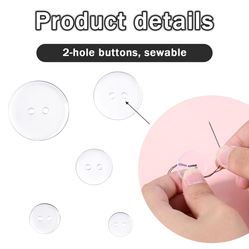 100 Pcs Clear Buttons, Buttons 2 Hole 5 Sizes of